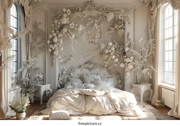 Elegant  White  Bedroom  with  Floral  Decor