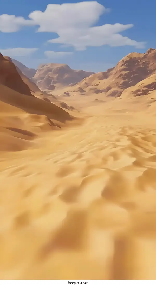 Desert Landscape with Sand Dunes and Mountains under a Cloudy Sky