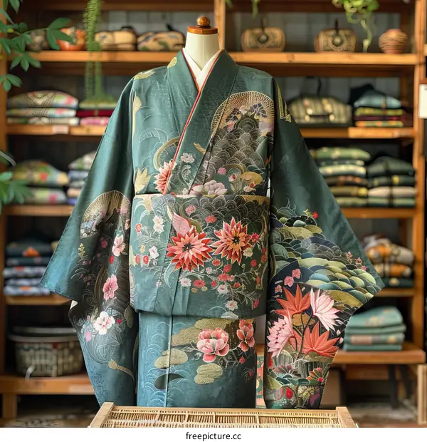 Japanese Geisha in Traditional Green Kimono