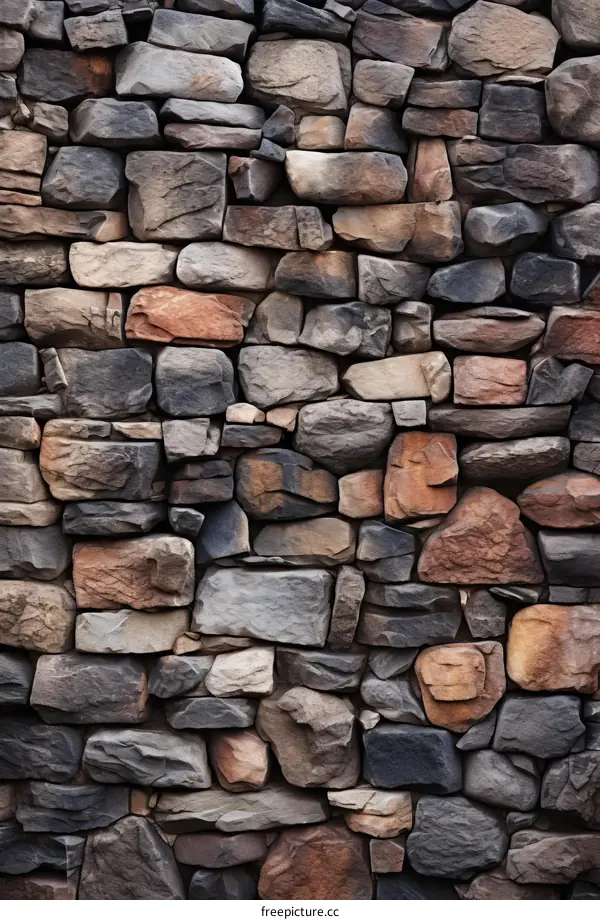 A close-up of a stone wall with different colors and shapes of stones.
