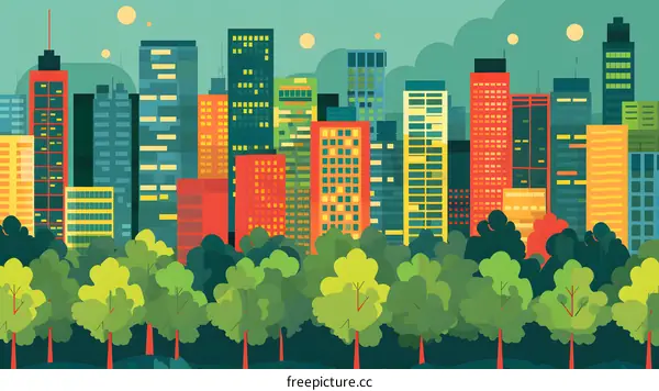Cityscape with Green Trees Illustration