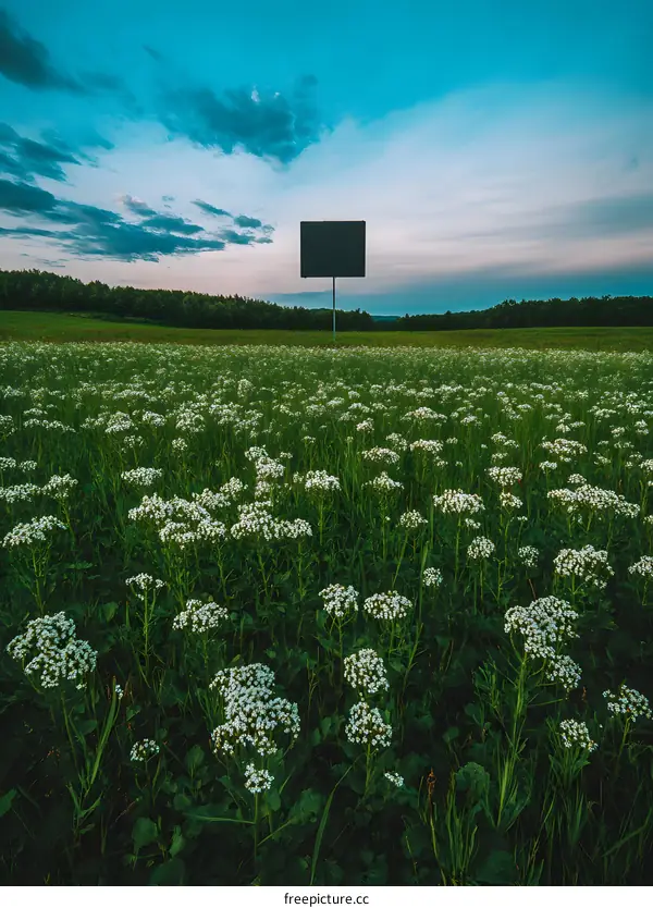 Blank Sign in a Field of White Flowers
