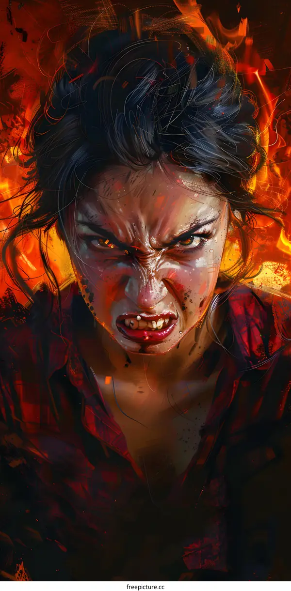 Portrait of a woman with fire in the background