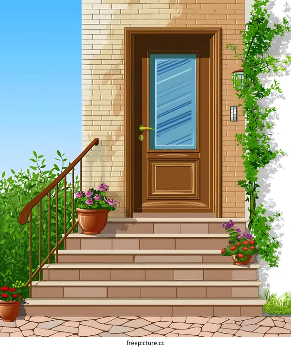 Brown Wooden Door With Stairs and Plants Illustration