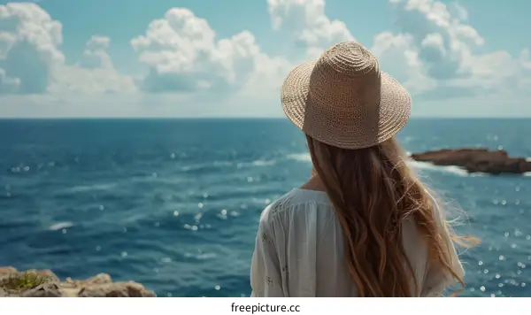 Woman in Straw Hat Looking at Ocean on a Sunny Day
