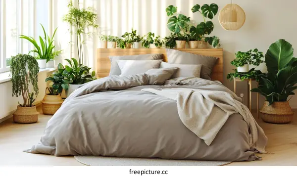 Modern Bedroom with Lush Plants and Cozy Bedding