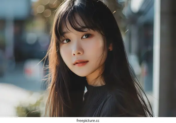 Young Asian Woman with Long Black Hair Looking at Camera