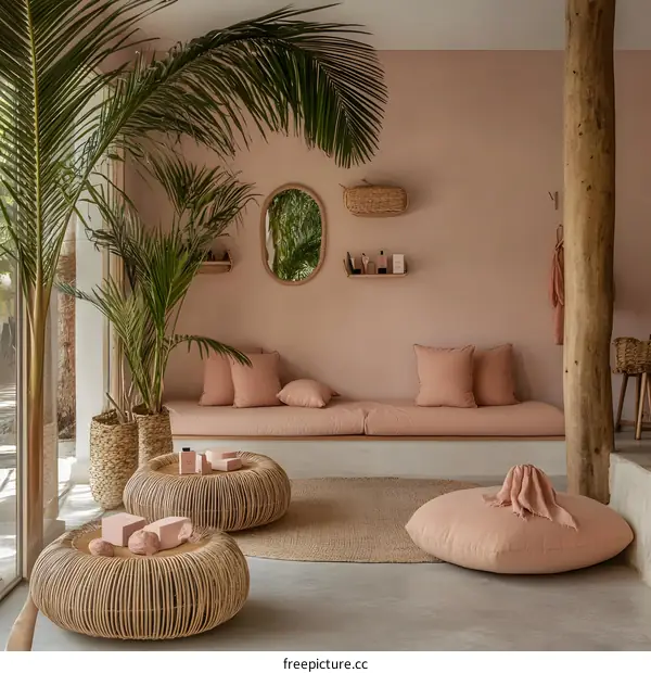 Minimalist Living Room Decor With Pink Walls And Wicker Furniture