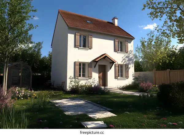 White House with Brown Shutters and a Red Roof in a Garden