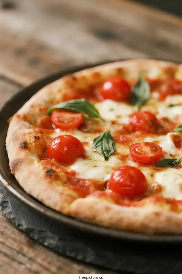 Fresh margherita pizza with cherry tomatoes and basil on wooden table