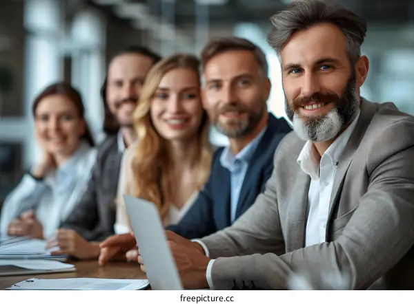 A group of business professionals sitting around a table and smiling at the camera.
