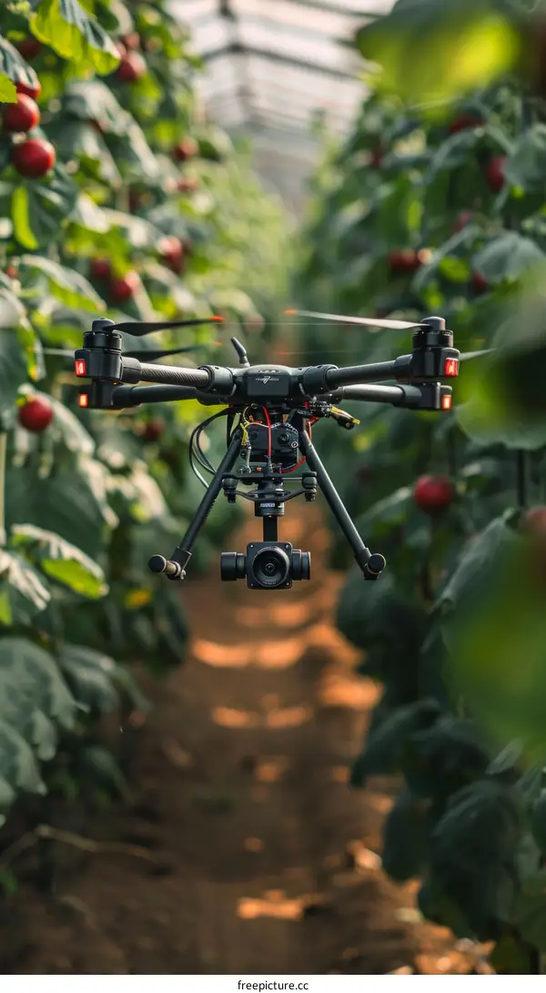 Drone flying over a field of crops