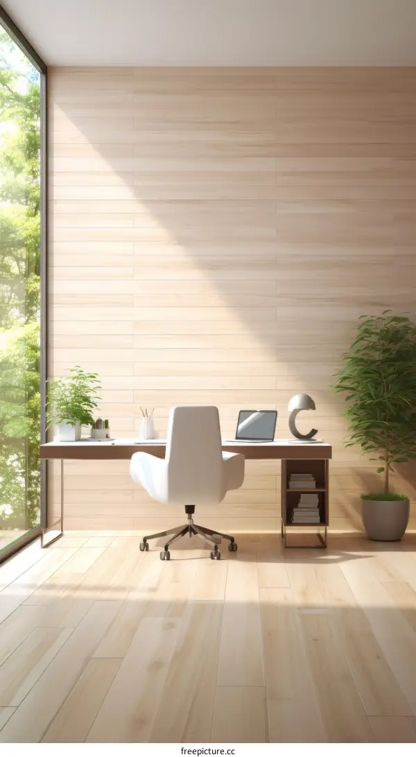 A modern home office with a large window and a wooden desk