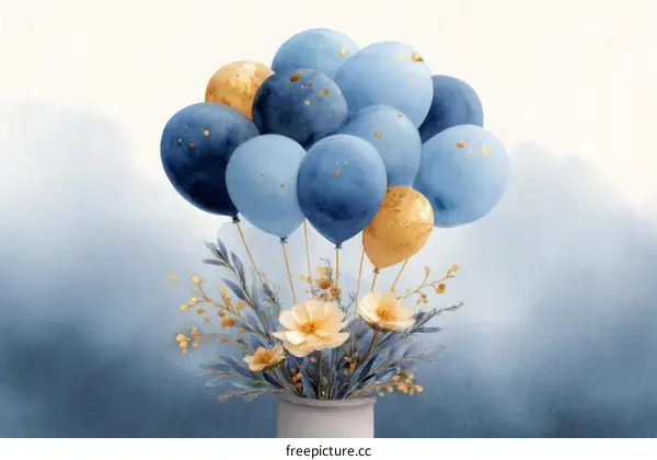 Blue and Gold Balloons Floral Illustration