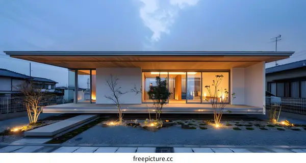 Modern Japanese House With Wooden Roof And Stone Garden