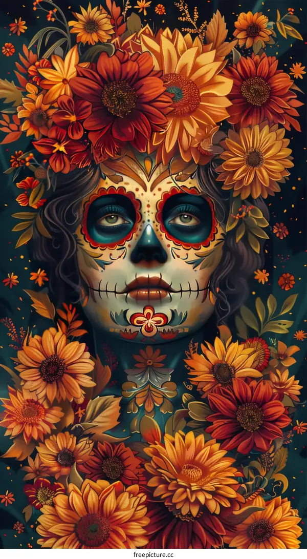 Day of the Dead Portrait: Young Woman with Skull Face Paint and Flower Headdress