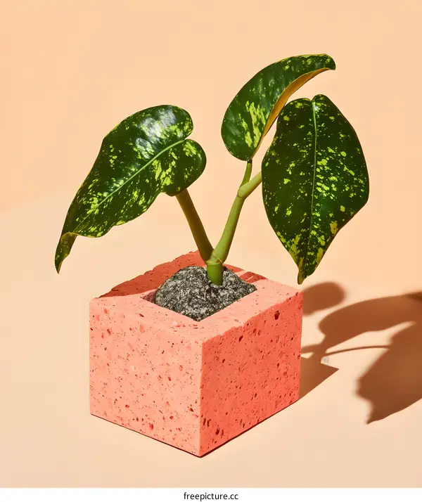 Green Plant in a Pink Cube Pot on a Beige Background
