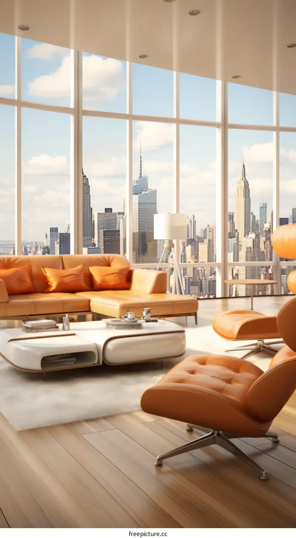 Modern living room interior with city view