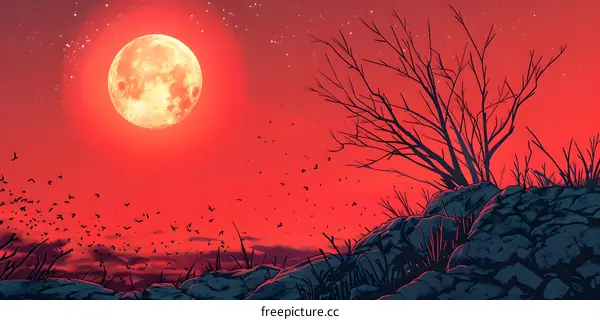 Red Moon Night With Birds Flying