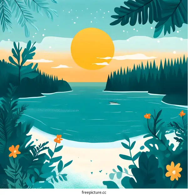 Summer Sunset over the Ocean with Lush Green Trees and a Sandy Beach