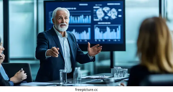 Businessman Leading Meeting Presentation With Data Analytics