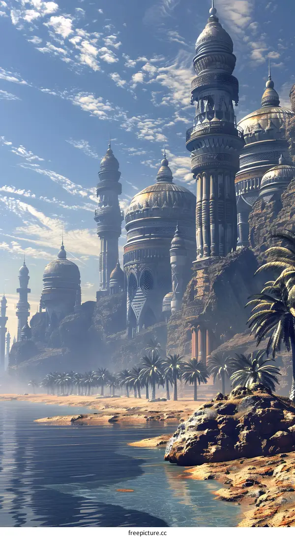 Fantasy Cityscape With Towers and Palm Trees