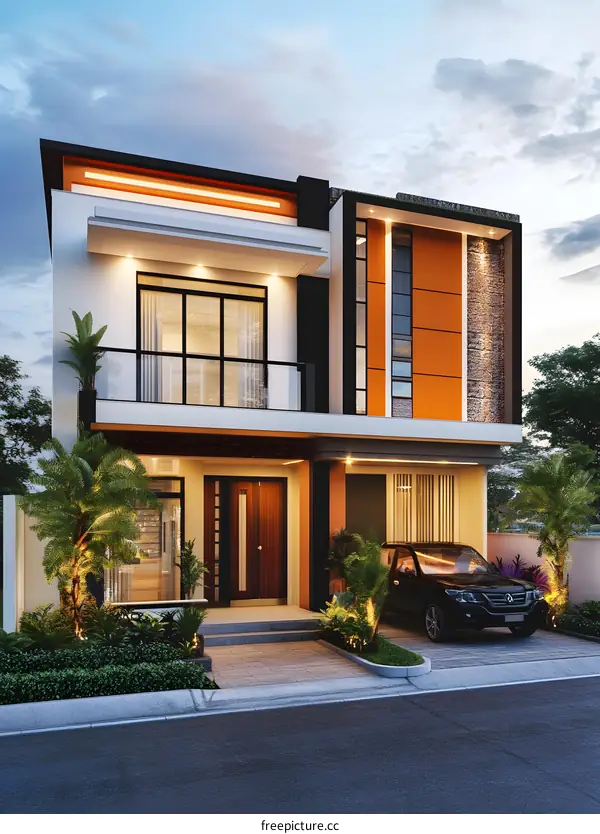 Modern Two Story House Design with Orange Exterior