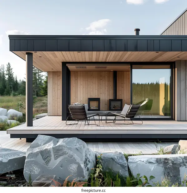 Modern House with Wooden Deck and Large Stones
