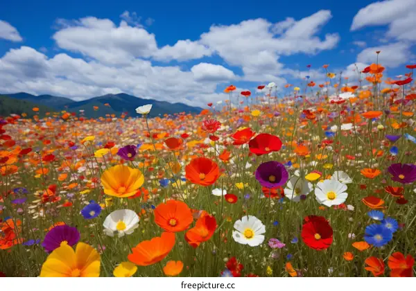 Field of colorful flowers with mountains in the distance