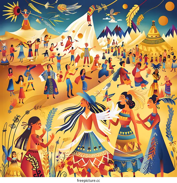 Celebration of Diversity: Colorful Illustration of People from Different Cultures Dancing Together