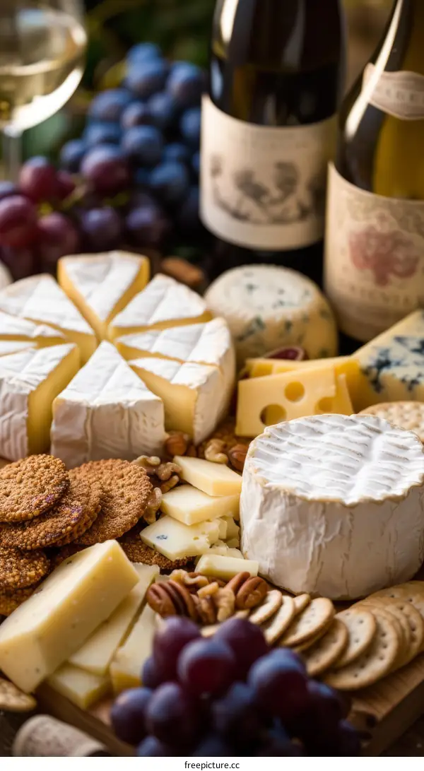 An assortment of cheese and grapes with wine and crackers