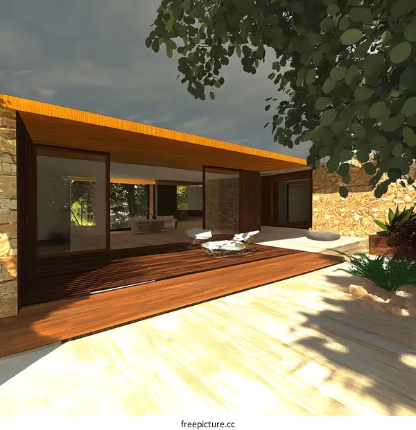 Modern House with Wooden Deck and Patio