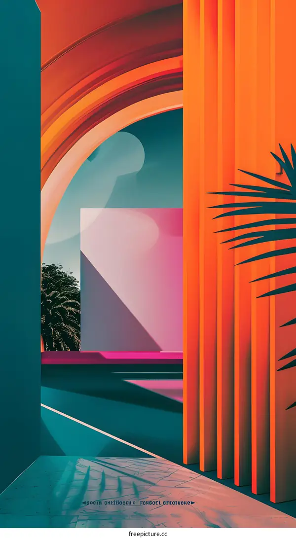 Abstract Geometric Architecture with Palm Tree