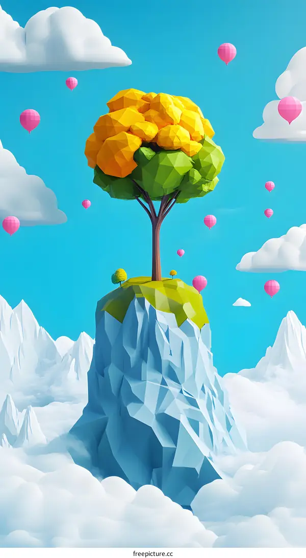 Low Poly Tree On A Cliff With Pink Balloons