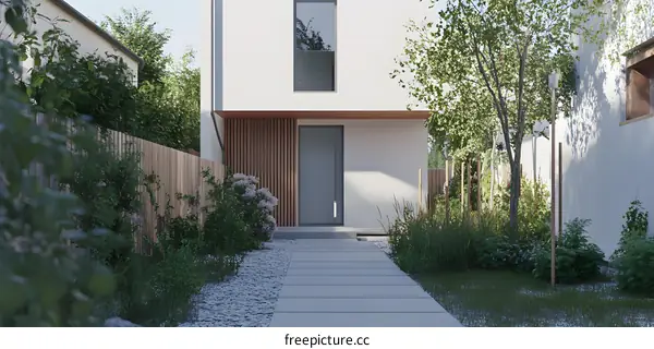 Modern House Exterior With Stone Path And Greenery