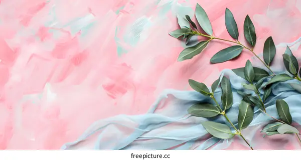 Green Leaves on a Pink and Blue Background