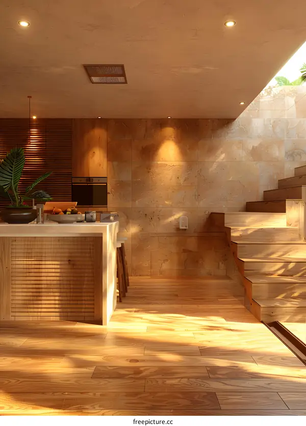 Modern Kitchen Interior Design With Wooden Flooring And Stairs