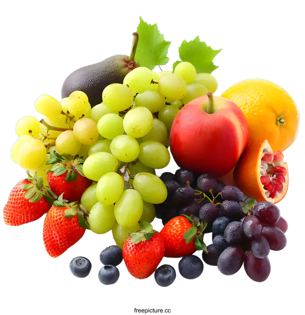 [Transparent Background PNG]Fresh Fruit Arrangement with Grapes, Strawberries, and Blueberries