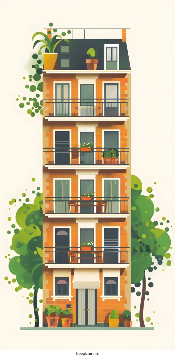 Apartment Building with Balconies and Greenery Illustration