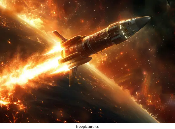 spaceship flies over a planet with a fiery sky