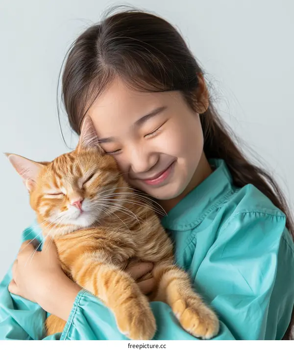 Asian girl hugging an orange cat