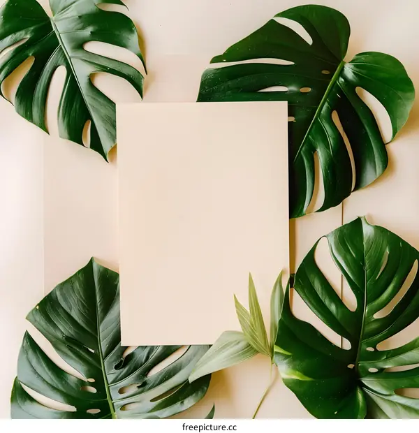 Minimalist Flat Lay with Green Monstera Leaves and Blank Card
