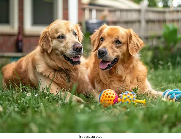 Two Golden Retrievers lying on the grass next to some toys