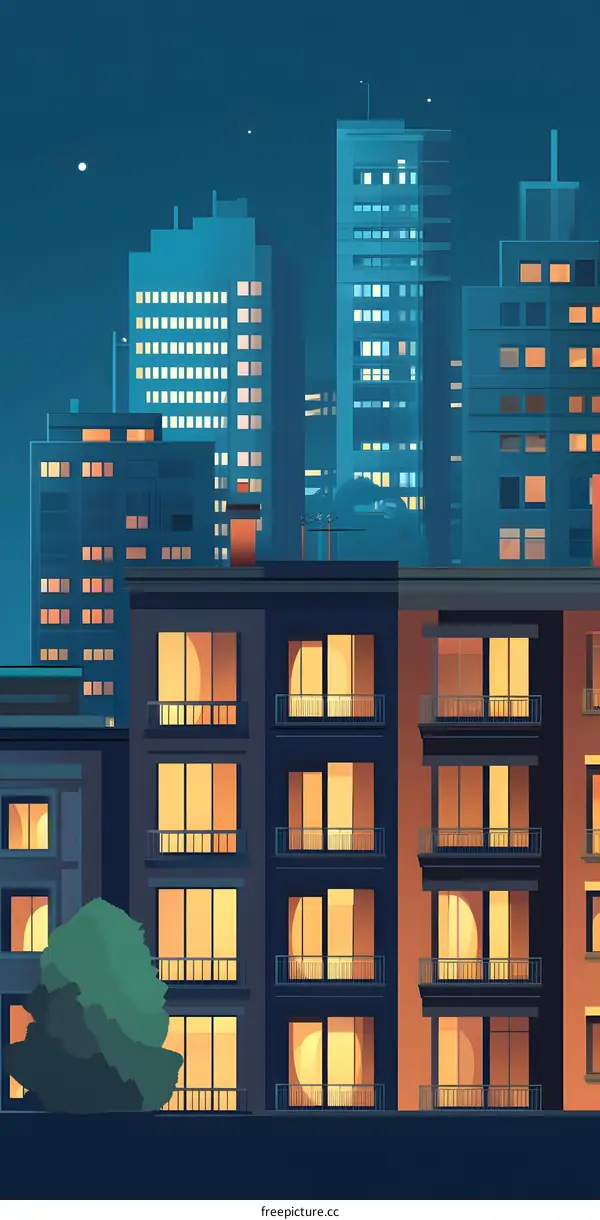 Night City Skyline Buildings Cityscape Illustration