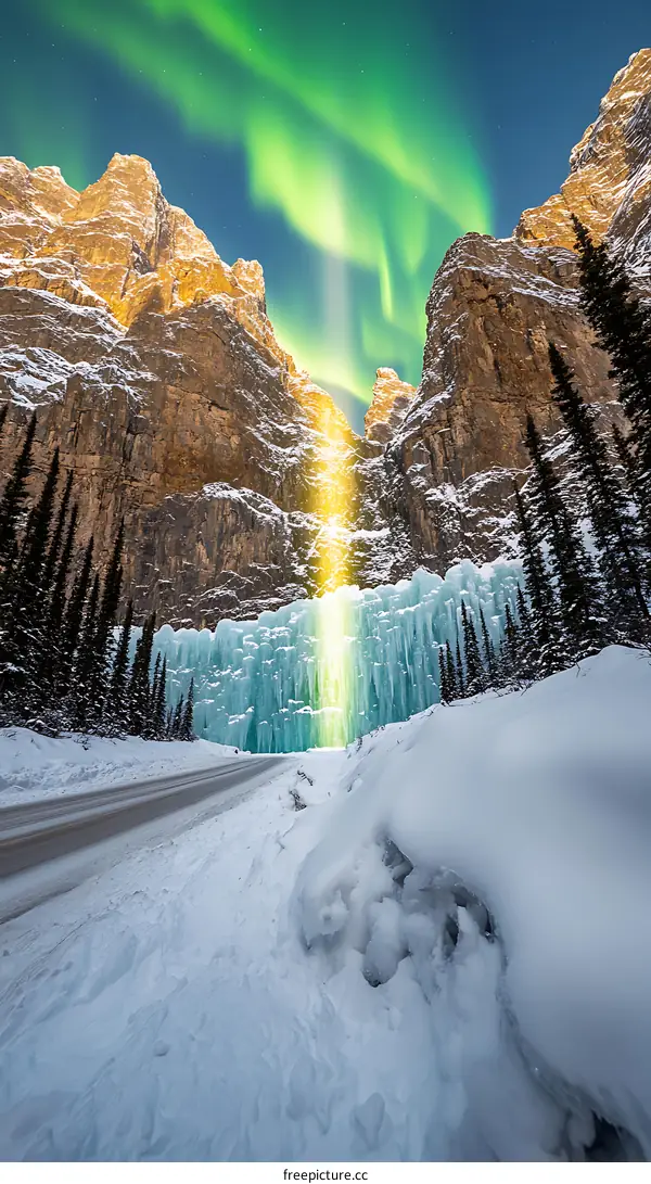 Frozen Waterfall Under Northern Lights