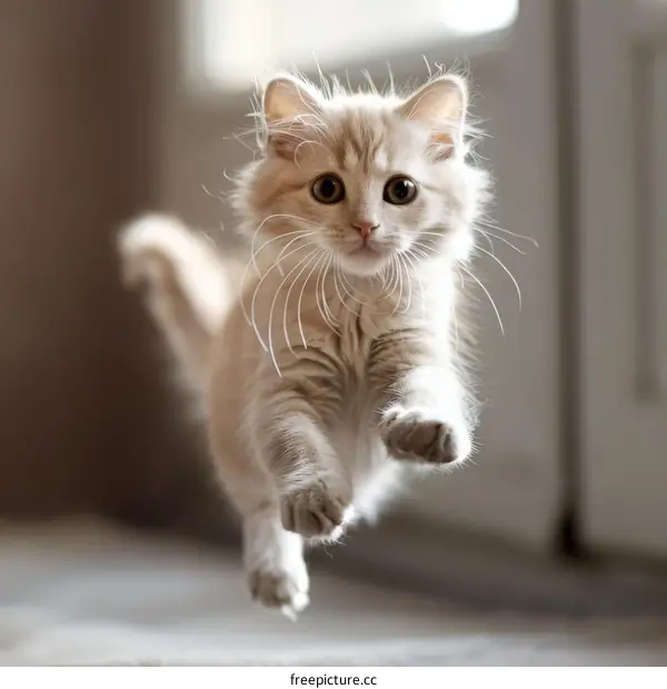 A ginger kitten is running towards the camera with its eyes wide open