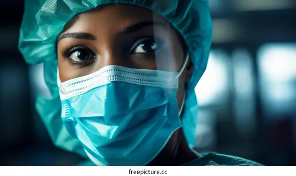 Portrait of a young female doctor wearing a surgical mask and cap