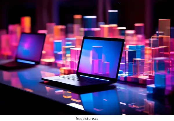 Futuristic Cityscape with Neon Lights and Laptops