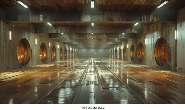 Futuristic interior of spaceship hangar with portholes
