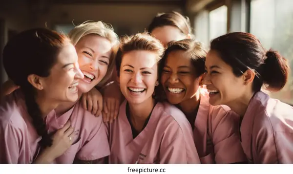 A group of diverse female healthcare professionals laughing together